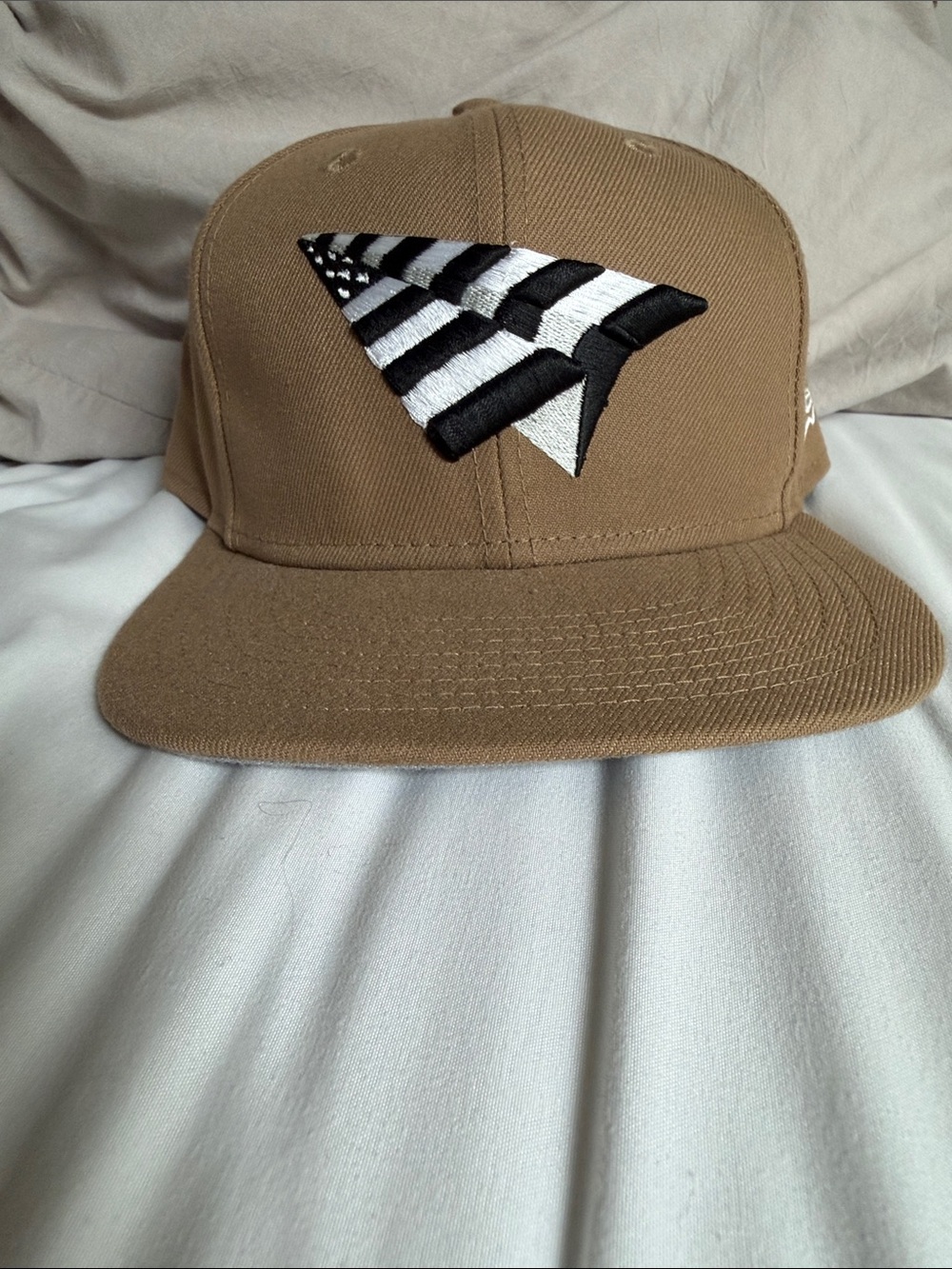 Men's Tan Snapback Hat with Black & White Paper Plane Embroidery
